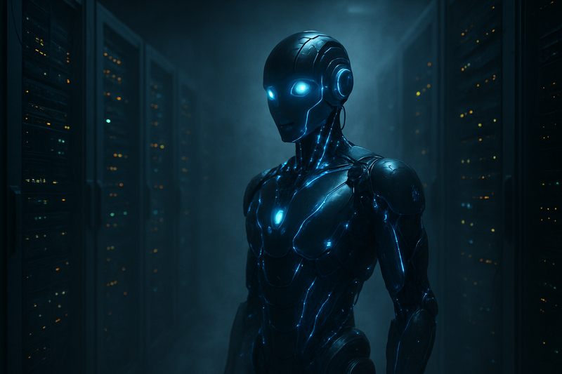 Bot ai in realistic dark server room. dream like athmosspere.