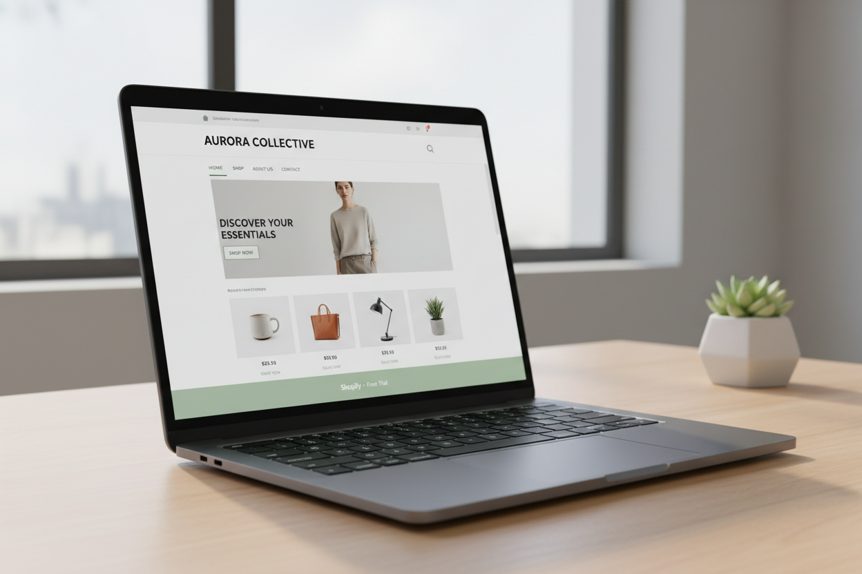brand new shopify website showed on laptop screen